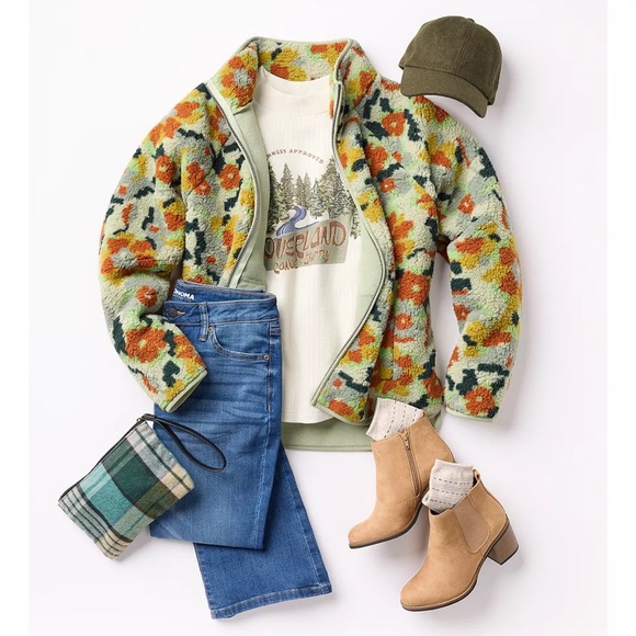 Green Floral Full Zip Sherpa Fleece-Lined Jacket - Size XL - Picture 2 of 6